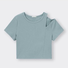 GU　ショルダーカットアウトT(半袖)+E BLUE M クロップド丈 リブの画像
