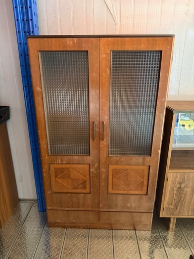 昭和レトロ モザイクガラス 木製キャビネット 本棚 食器棚 両開き 観音