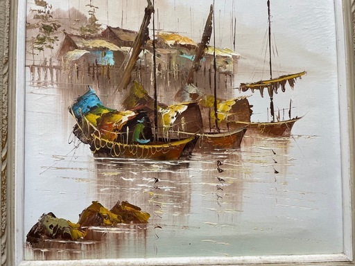 ヴィンテージ 大判 風景画 絵画 油絵 油彩画 舟 帆船 額縁 額装