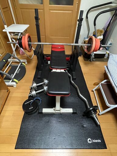 配送可ベンチプレスセット一式、プレート91kg分、バーベル、EZバー