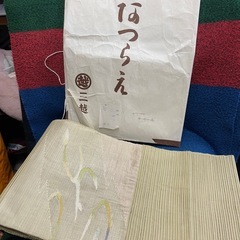 名古屋帯 八寸帯 グリーン系 流水風抽象柄 縞模様 和装 着物 368cmの画像